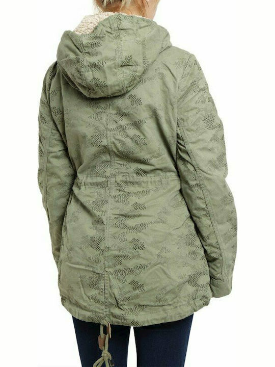 Urban Surface Lung Jachetă de femei tip parka cu glugă de blană pentru iarnă Kaki