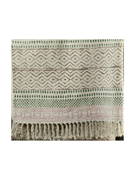 Rug Rectangular Cotton with Fringes Pink / Green