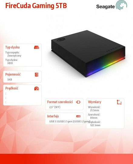 Seagate FireCuda Gaming USB 3.2 External 2.5" HDD 5TB Black