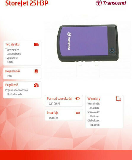 Transcend StoreJet 25H3P USB 3.0 External 2.5" HDD 2TB Black