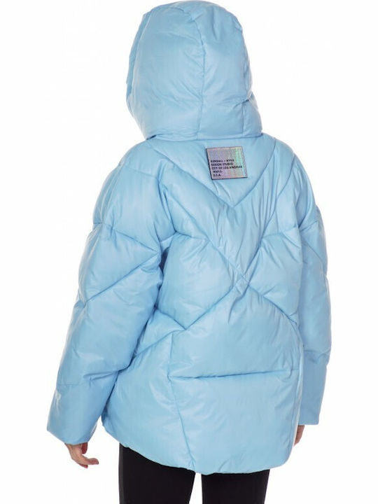 Women's Short Puffer Jacket for Winter with Hood Light Blue