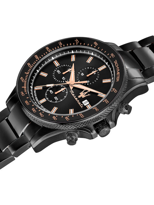 Maserati Sfida Ανδρικό Ρολόι 44mm Χρονογράφος Μπαταρίας με Μαύρο Μεταλλικό Μπρασελέ