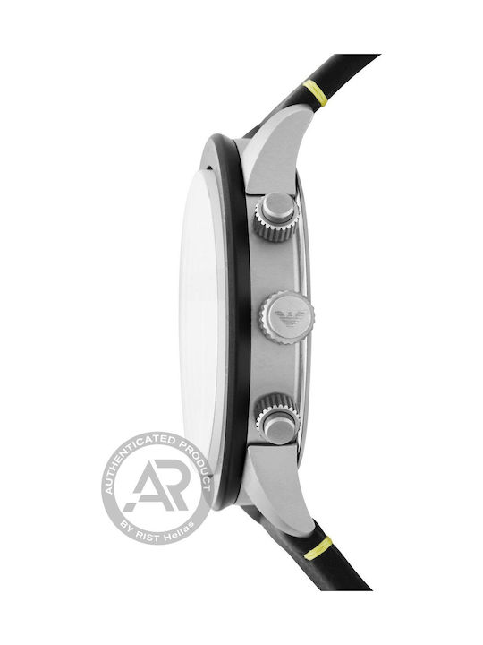 Emporio Armani Mario Ανδρικό Ρολόι 44mm Χρονογράφος Μπαταρίας με Μαύρο Δερμάτινο Λουράκι