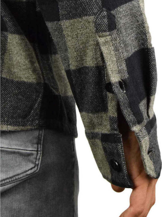 Sacramento Long Sleeve Flannel Overshirt in Narrow Fit Checked Grey Melange