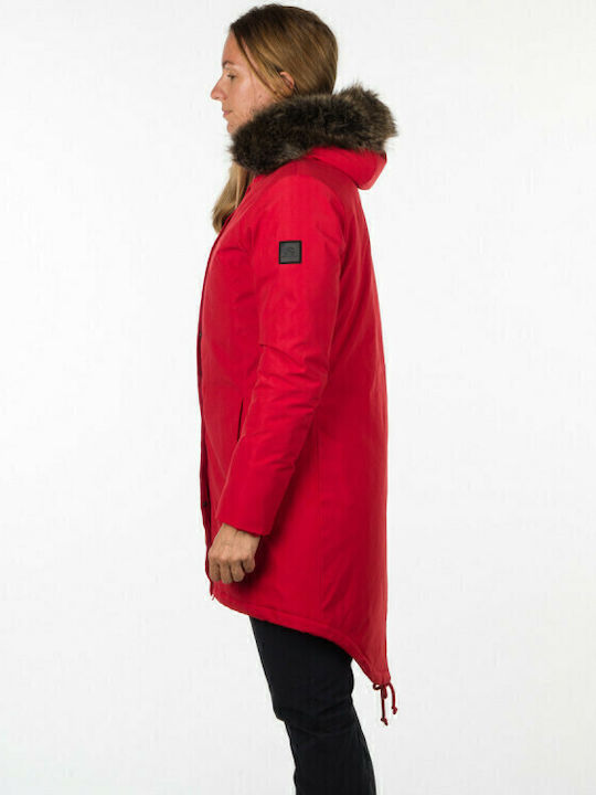 Analia Women's Long Parka Jacket Waterproof and Windproof for Winter with Hood Red