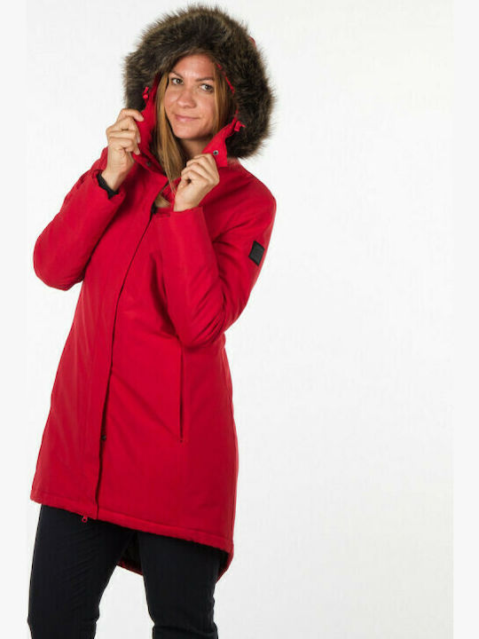 Analia Women's Long Parka Jacket Waterproof and Windproof for Winter with Hood Red