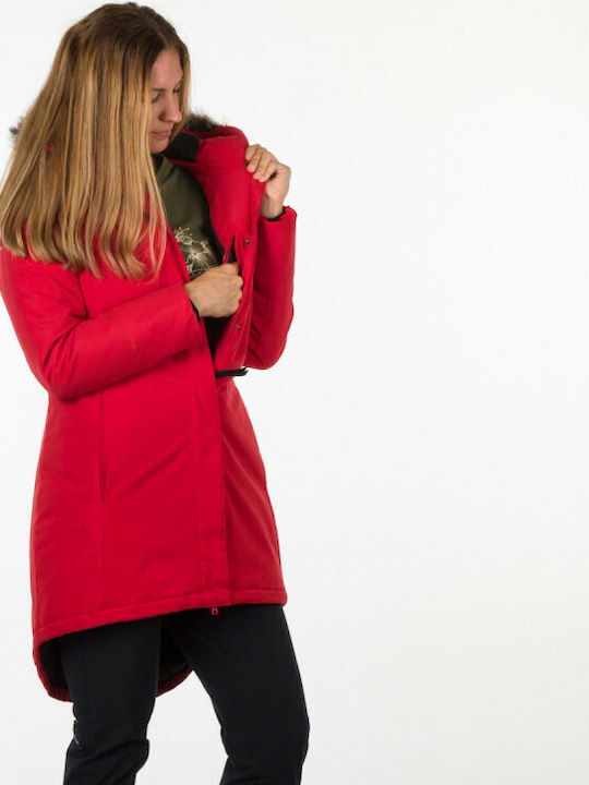 Analia Women's Long Parka Jacket Waterproof and Windproof for Winter with Hood Red