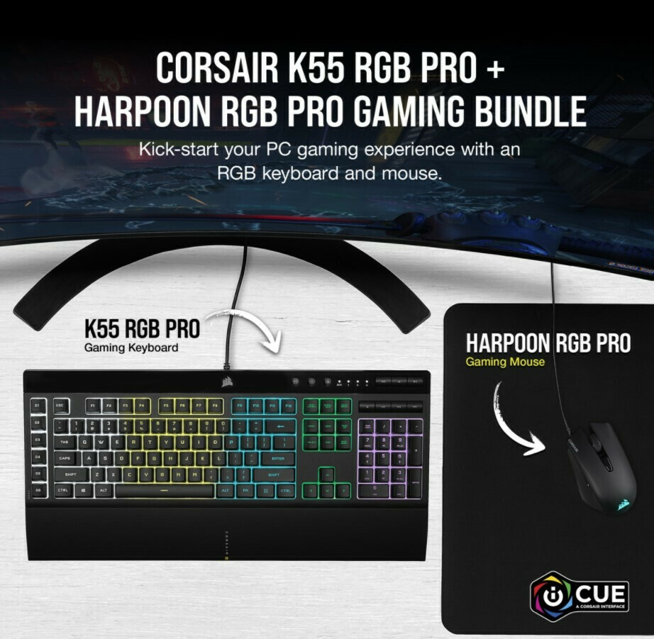 Corsair K55 RGB Pro Harpoon RGB Pro Σετ Gaming Πληκτρολόγιο με διακόπτες  και RGB φωτισμό  Ποντίκι (Αγγλικό US)
