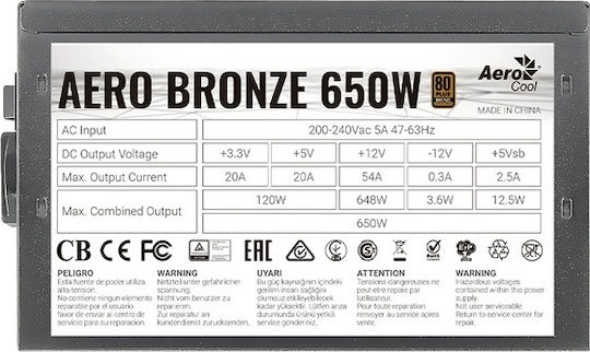 Aerocool Aero Bronze 650W Power Supply Full Wired 80 Plus Bronze