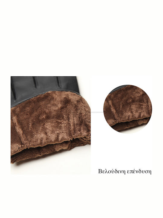 Men's Leather Touch Gloves with Fur Brown 1022