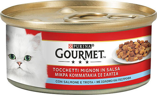 Gourmet Wet Cat Food for Adult Cats in Cans with Trout and Salmon 195gr