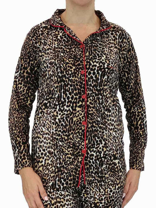 Pijama de catifea pentru femei cu nasturi cu imprimeu animalier W22