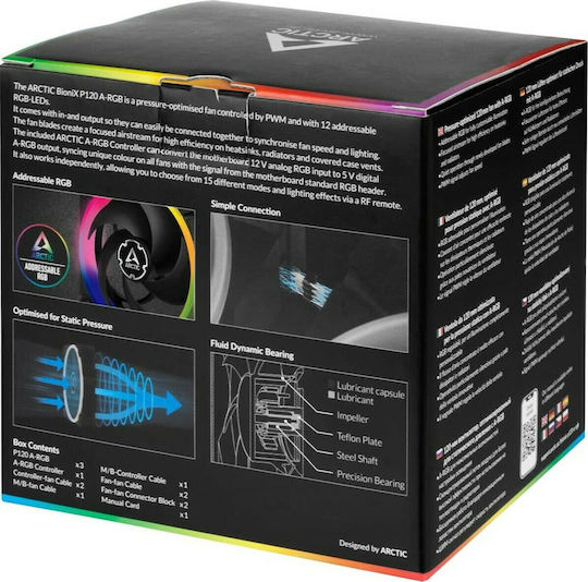 Arctic BioniX P120 Case Fan 2300rpm 48cfm with ARGB Lighting and 4-Pin PWM Connection 3pcs