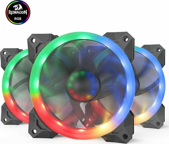 Redragon GC-F008 Ventilator Pentru Carcasă 120mm (1200rpm / 38cfm) cu Iluminare RGB și Conexiune 4-Pin PWM 3 Bucăți Gri