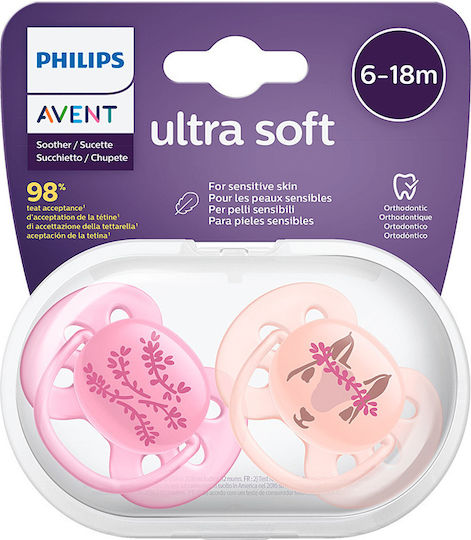 Philips Ultra Soft Ортодонтски Биберони Силикон с Калъф Светлокафяво - Розово - Оранжево за 6-18 месеци 2бр