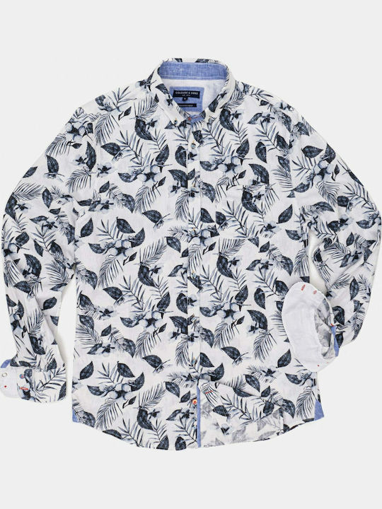 Long-sleeved Linen Shirt Floral Light Blue