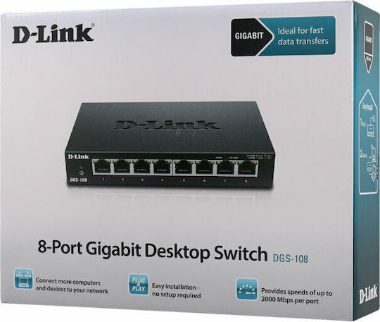 D-Link DGS-108 Unverwaltet L2 Switch mit 8 Ports Gigabit (1Gbps) Ethernet