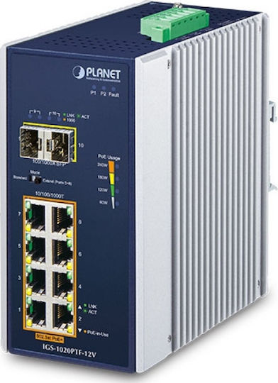 Planet IGS-1020PTF Unmanaged L2 PoE+ Switch με 8 Θύρες Gigabit (1Gbps) Ethernet και 2 SFP Θύρες