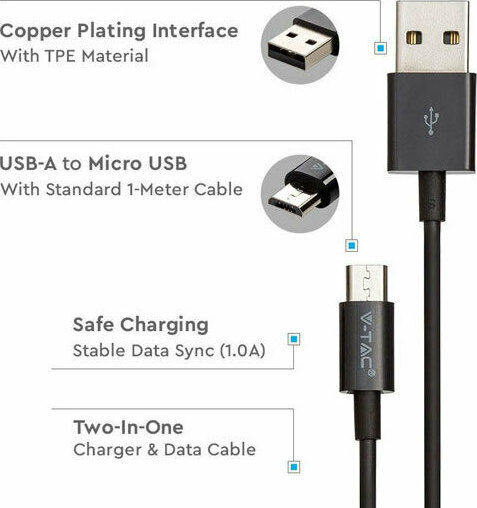 V-TAC Retractable to micro USB Cable Ασημί 1m (Silver)