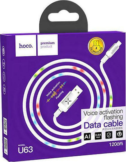 Hoco U63 Spirit Плетена / LED USB 2.0 до микро USB кабел Бял 1.2м 1бр