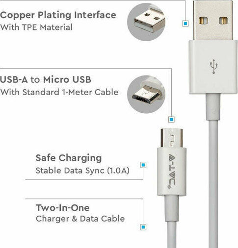 V-TAC Silver Braided USB 2.0 spre micro USB Cablu Argintiu 1m (8484) 1buc