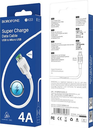 Borofone BX33 Billow Regular USB 2.0 to micro USB Cable Λευκό 1.2m