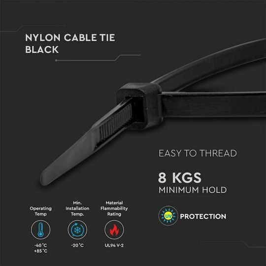 V-TAC Plastic Cable Ties 100mmx2.5mm In Black Colour 100 Pieces 11160