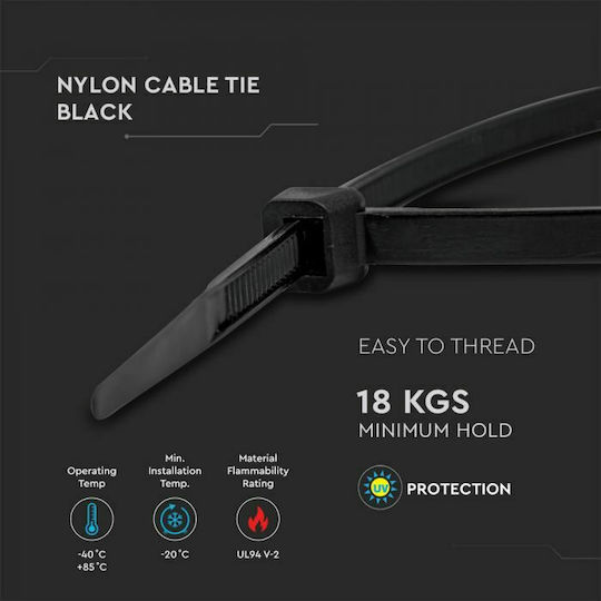 V-TAC Plastic Cable Ties 250mmx3.5mm In Black Colour 100 Pieces 11169