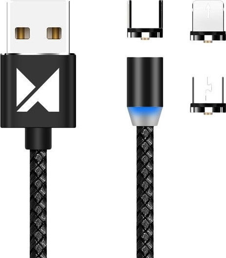 Wozinsky Wozinsky LED / Magnetic Cablu USB la Lightning / Type-C / micro USB cu mai multe porturi 2.4A Negru 1m (WMC-01)