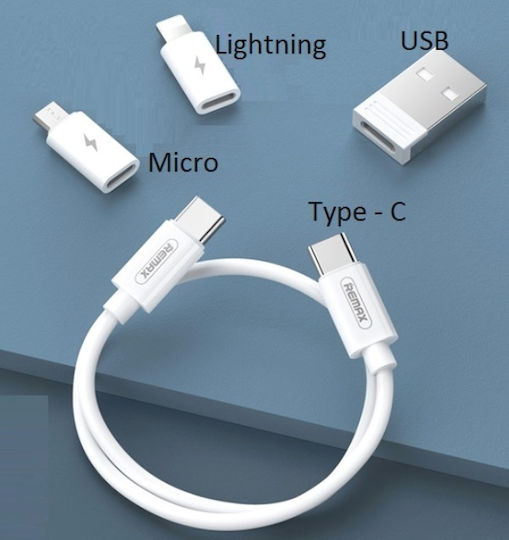 Remax RC-190 Regular USB to Lightning / Type-C / micro USB Cable 3A Λευκό 0.29m