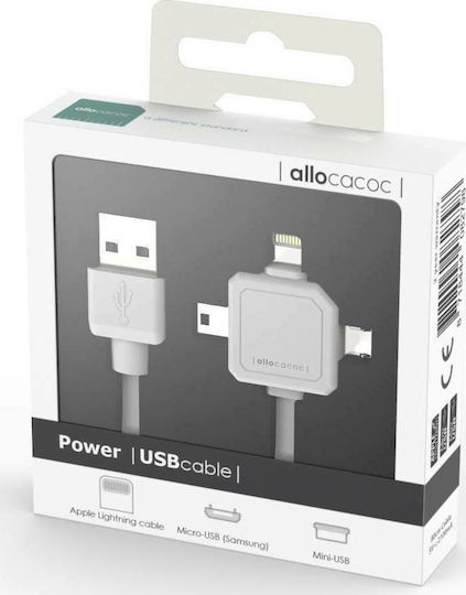 Allocacoc Power Usb Cable Равен USB към Lightning / micro USB / мини USB Кабел Бял 0.75м (9002/UC80CN)
