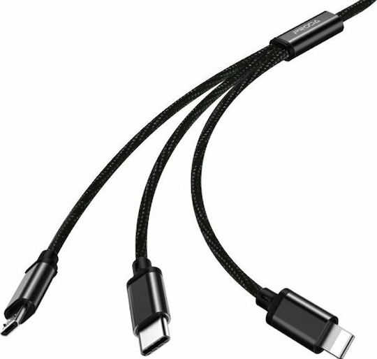 Proda Braided USB to Lightning / Type-C / micro USB Cable Μαύρο 1m (PD-B31th)