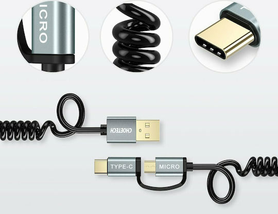 Choetech Spiral USB to Type-C / micro USB Cable 2.4A Μαύρο 1.2m (XAC-0012-101BK)