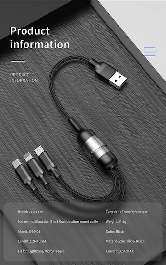 Joyroom S-M401 Braided USB to Lightning / Type-C / micro USB Cable 3.5A Μαύρο 1.2m