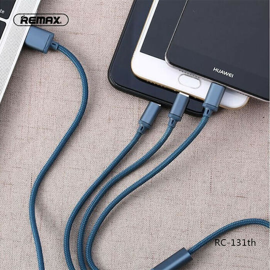 Remax Gition RC-131th Braided Cablu USB la Lightning / Type-C / micro USB cu mai multe porturi 2.8A Negru 1.15m