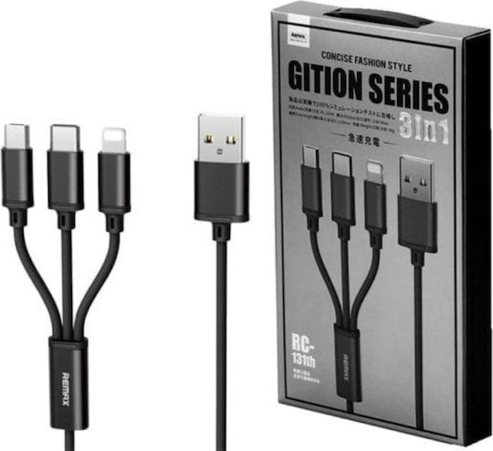 Remax Gition RC-131th Braided Cablu USB la Lightning / Type-C / micro USB cu mai multe porturi 2.8A Negru 1.15m