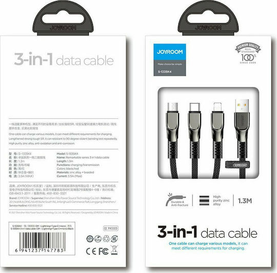 Joyroom S-1335K4 Braided Cablu USB la Lightning / Type-C cu mai multe porturi 3.5A Negru 1.3m