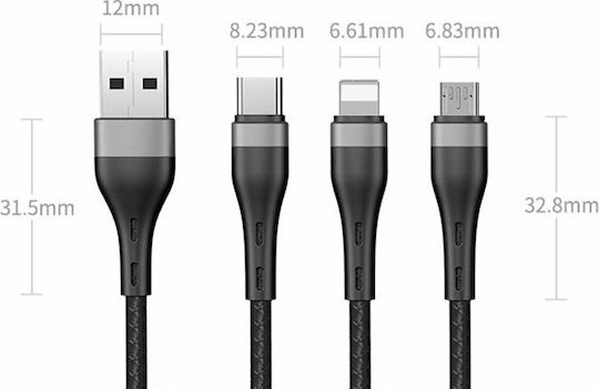 Proda Braided USB to Lightning / Type-C / micro USB Cable Μαύρο 1.2m (PD-B59th)