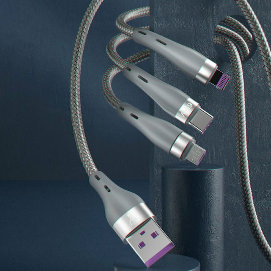 Dudao Braided USB to Lightning / Type-C / micro USB Cable Γκρι 1.2m (L20X)