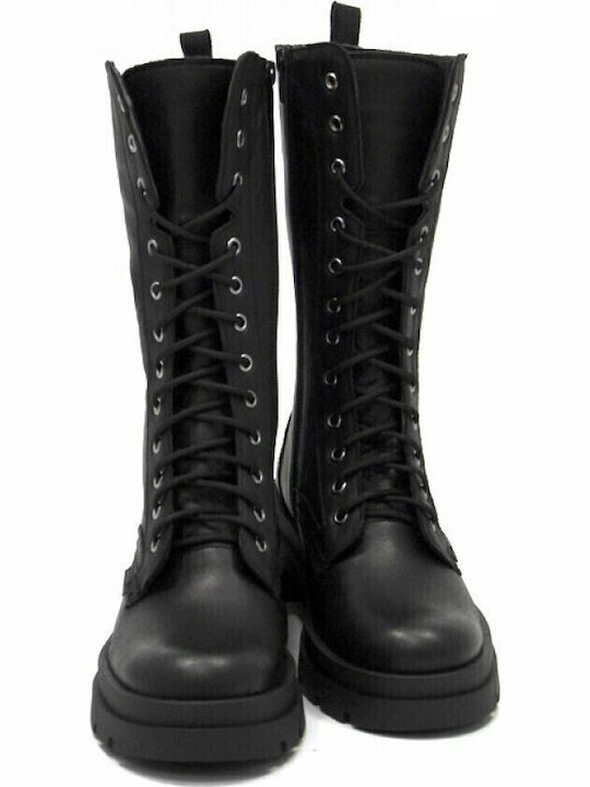 Leather Medium Heel Women's Boots with Laces Black