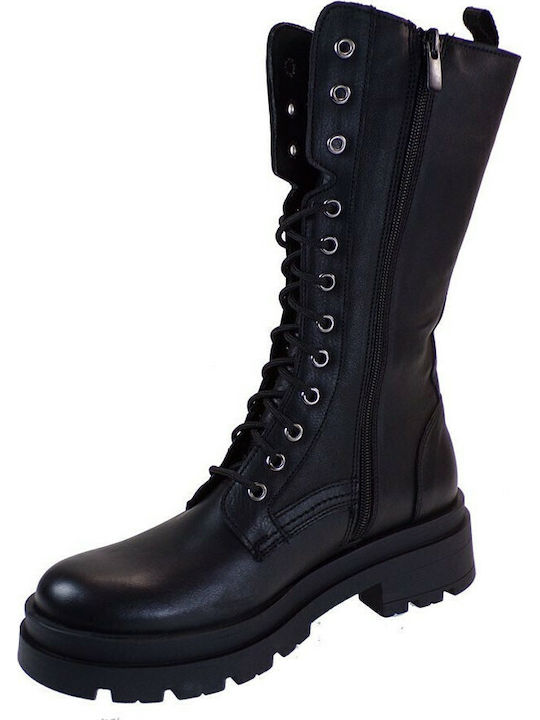 Leather Medium Heel Women's Boots with Laces Black