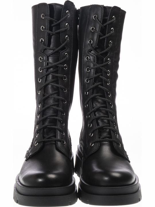 Leather Medium Heel Women's Boots with Laces Black