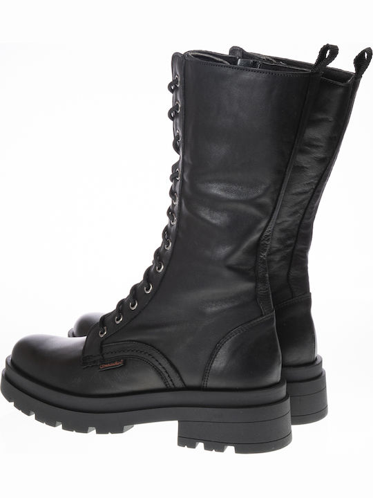 Leather Medium Heel Women's Boots with Laces Black