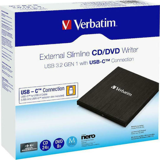 Verbatim External Slimline External DVD/CD Recorder for Laptop / Desktop Black