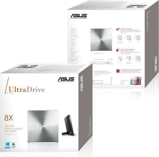 Asus SDRW-08U5S-U Extern Unitate optică Înregistrare/Citire DVD/CD pentru Desktop / Laptop Argintiu