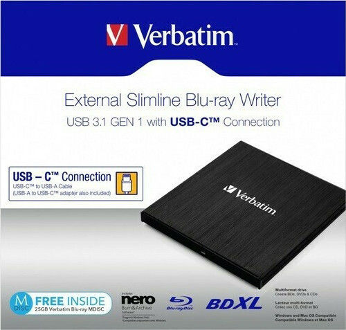 Verbatim External Slimline External Blu-Ray/DVD/CD Recorder for Desktop / Laptop Black