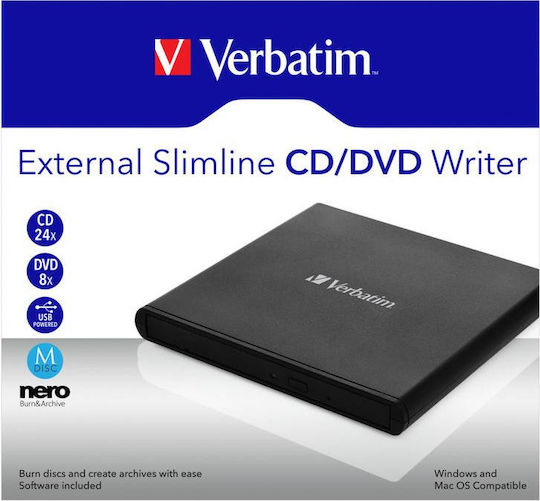 Verbatim External Slimline External DVD/CD Recorder for Desktop / Laptop Black