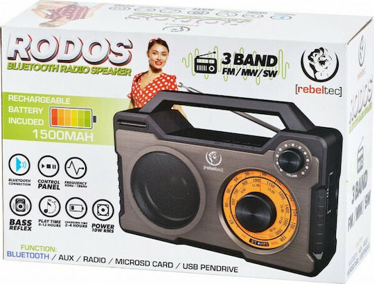 Rebeltec Rodos Bluetooth Speaker 10W with Radio and Battery Life up to 8 hours Black