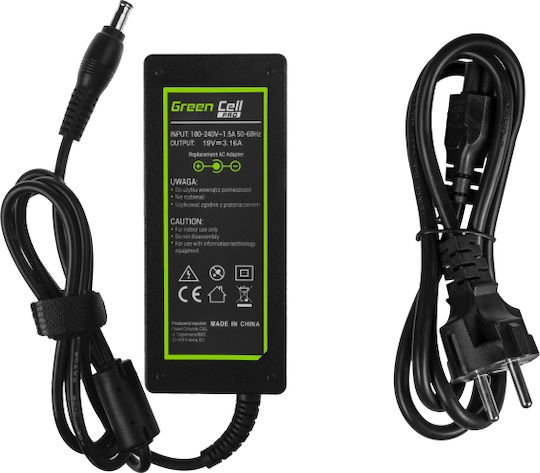 Green Cell Laptop Charger 60W 19V 3.16A for Samsung with Detachable Power Cord