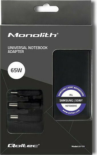 Qoltec Φορτιστής Laptop 65W 19V 2.1A για Sony / Samsung χωρίς Καλώδιο Τροφοδοσίας και με σετ βυσμάτων
